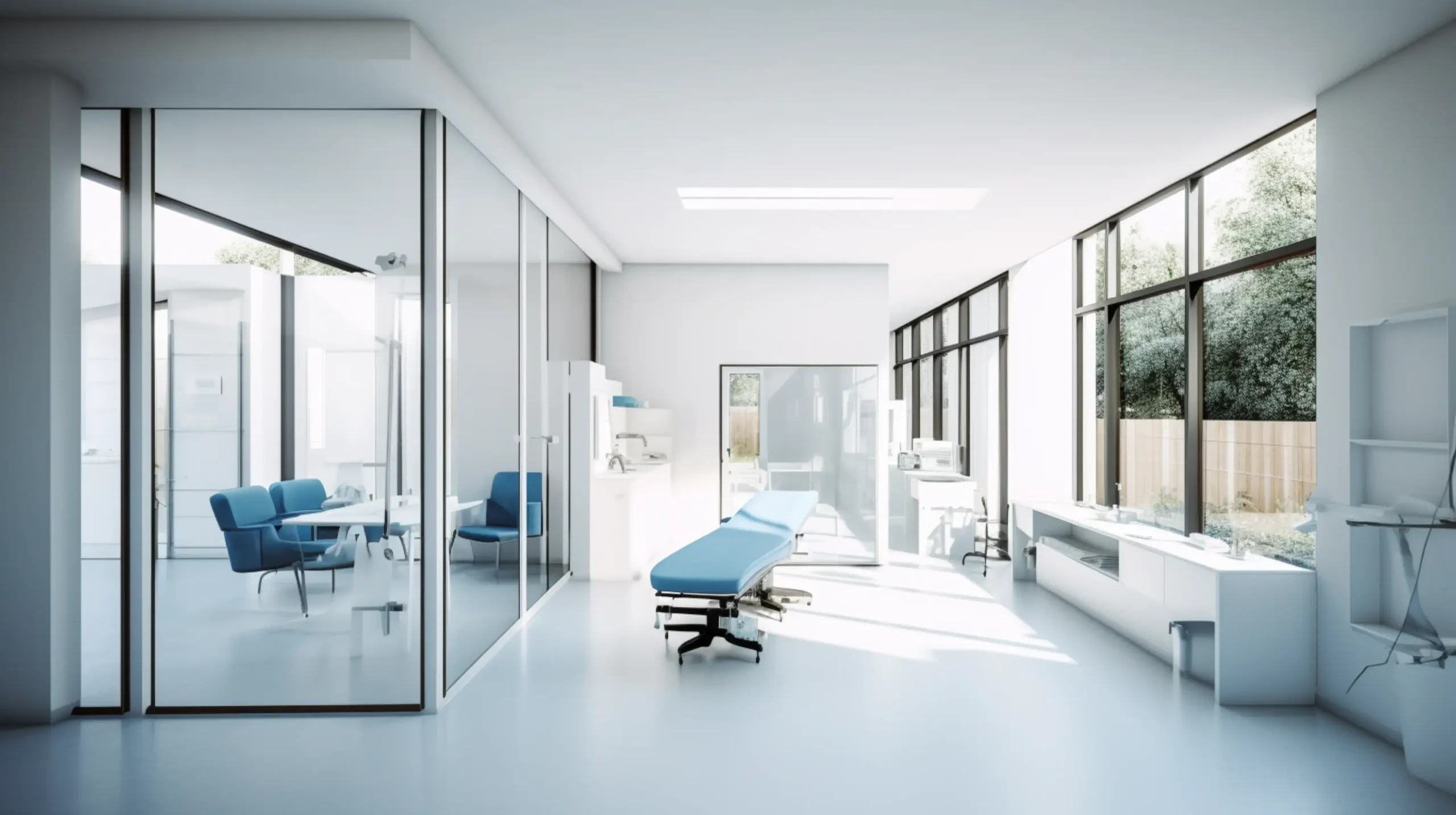 a hospital room with chairs and tables in it