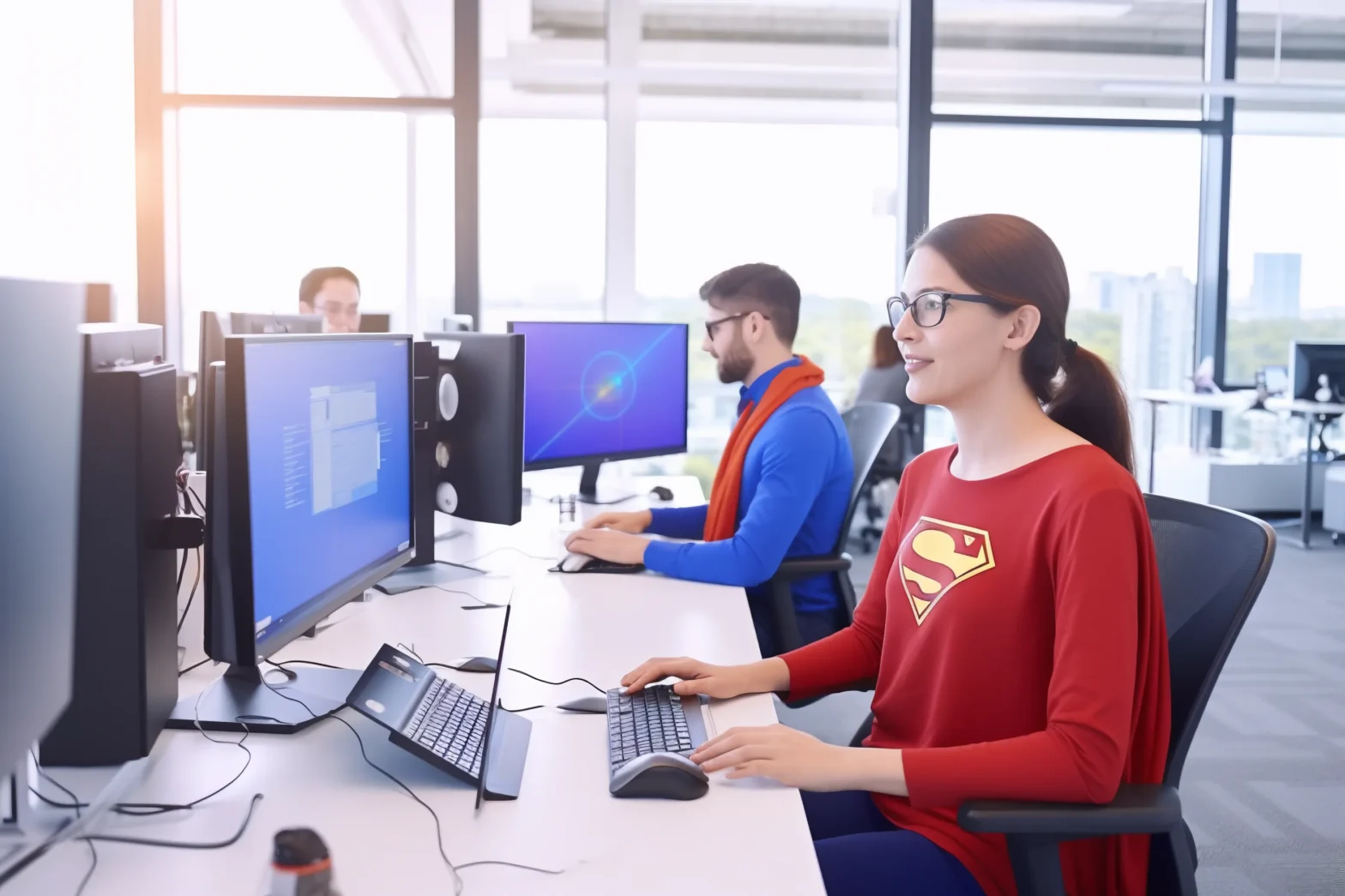 a woman, website developer, sitting at a desk with two monitors