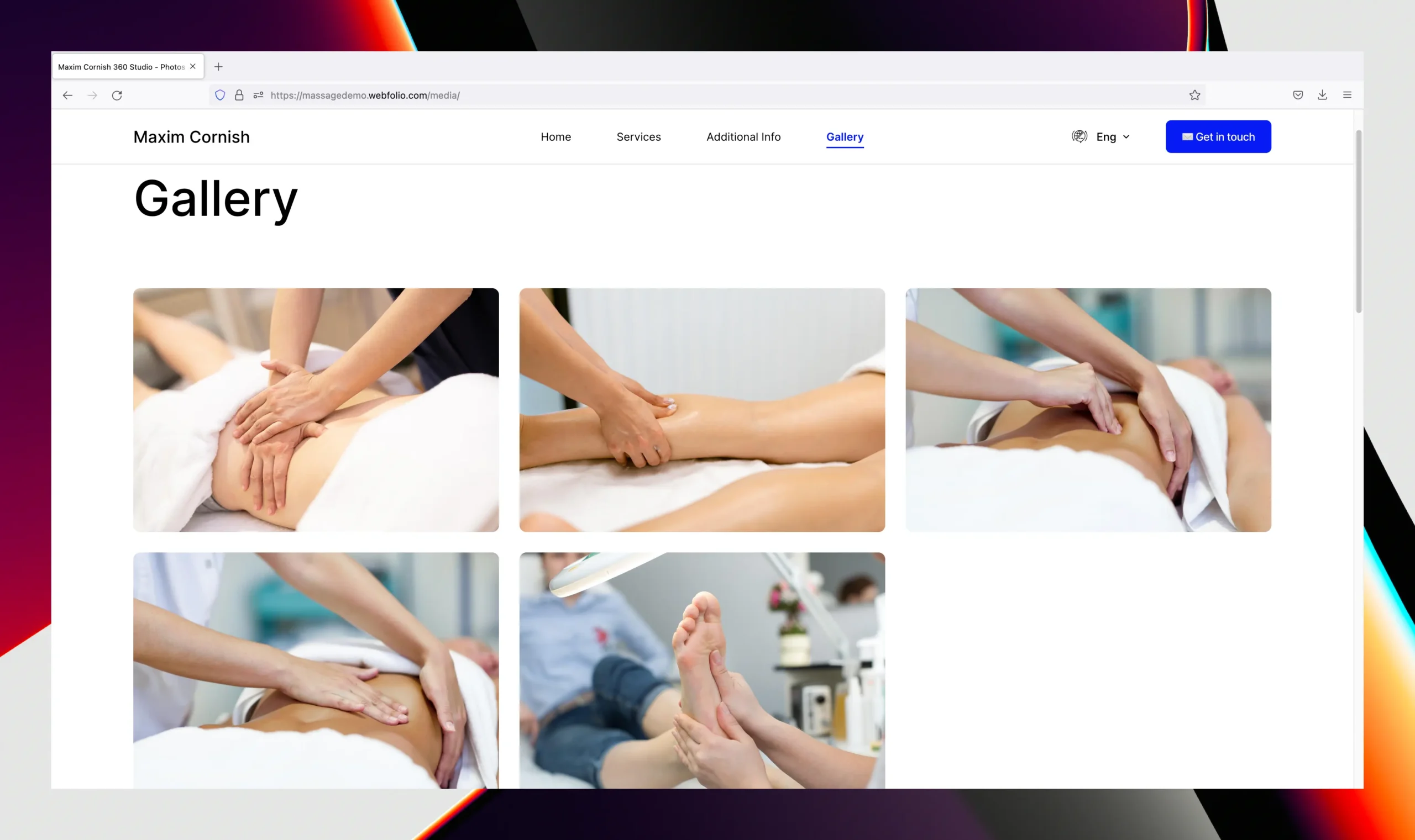 a computer screen with multiple images of massage foot reflex therapy from a website built with Webfolio